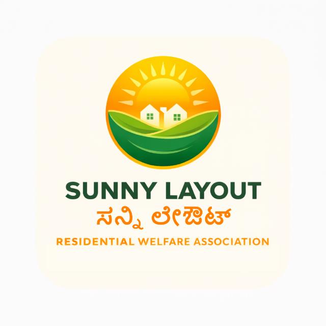 Sunny Layout Residents Welfare Association official logo featuring the rising sun, homes and green hills